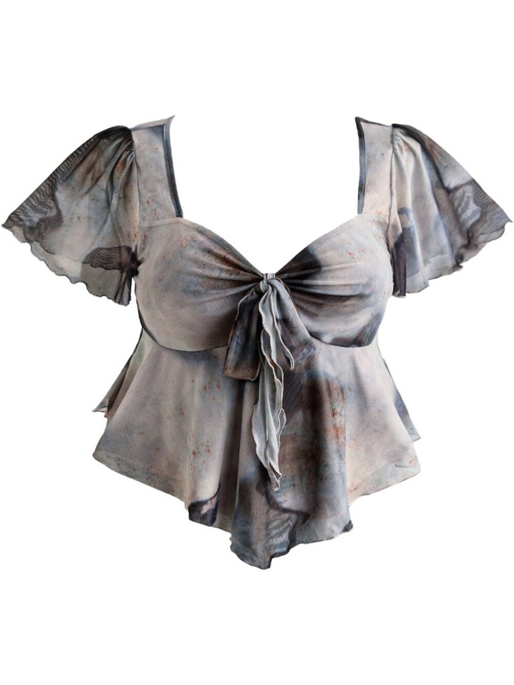 Gray Blue Tie Dye Mesh Tie Front Blouse Fairy Flutter Sleeve